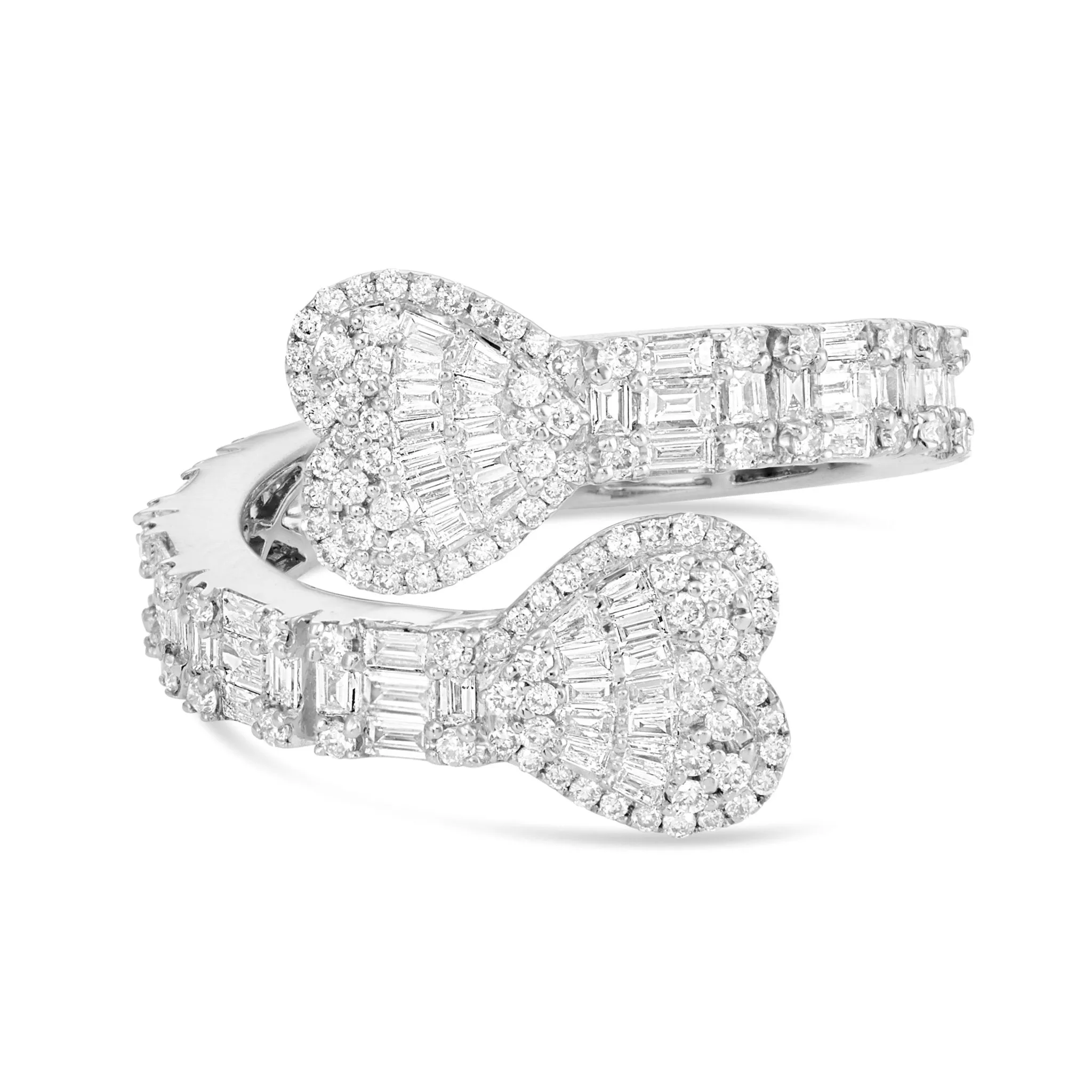 14K Gold 1.75ct Baguette Diamond Double Heart Wrap Ring
