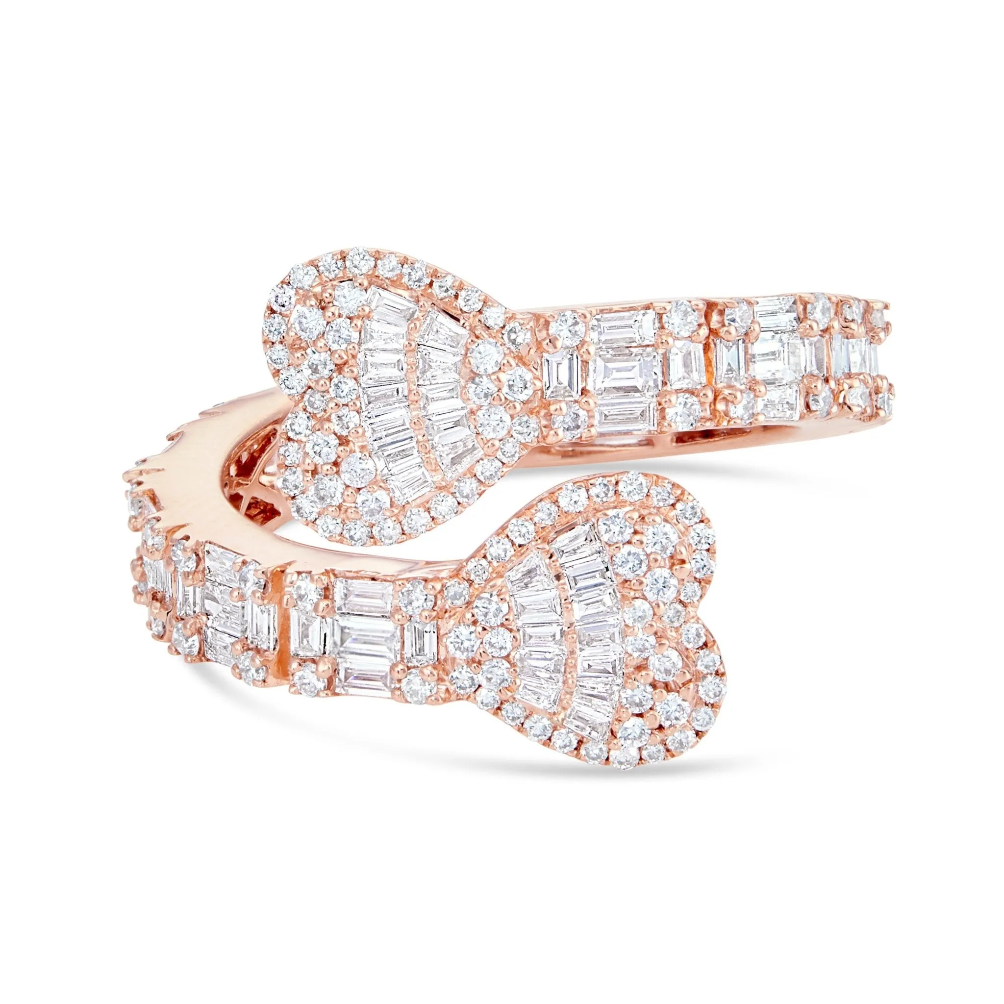 14K Gold 1.75ct Baguette Diamond Double Heart Wrap Ring