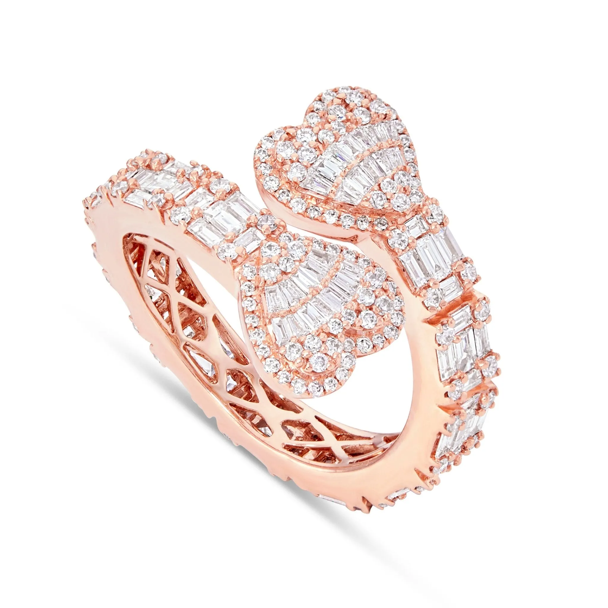 14K Gold 1.75ct Baguette Diamond Double Heart Wrap Ring