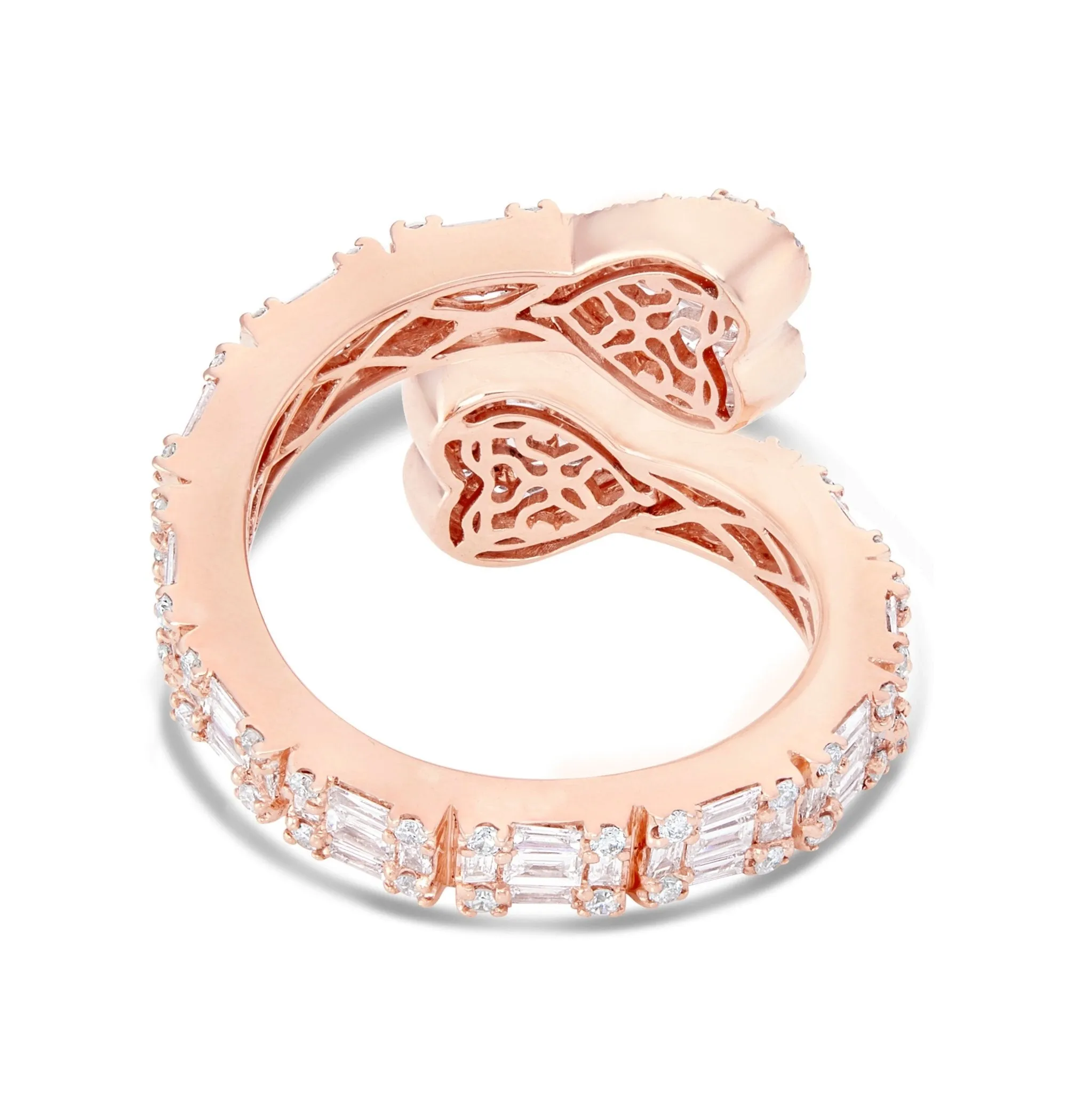 14K Gold 1.75ct Baguette Diamond Double Heart Wrap Ring