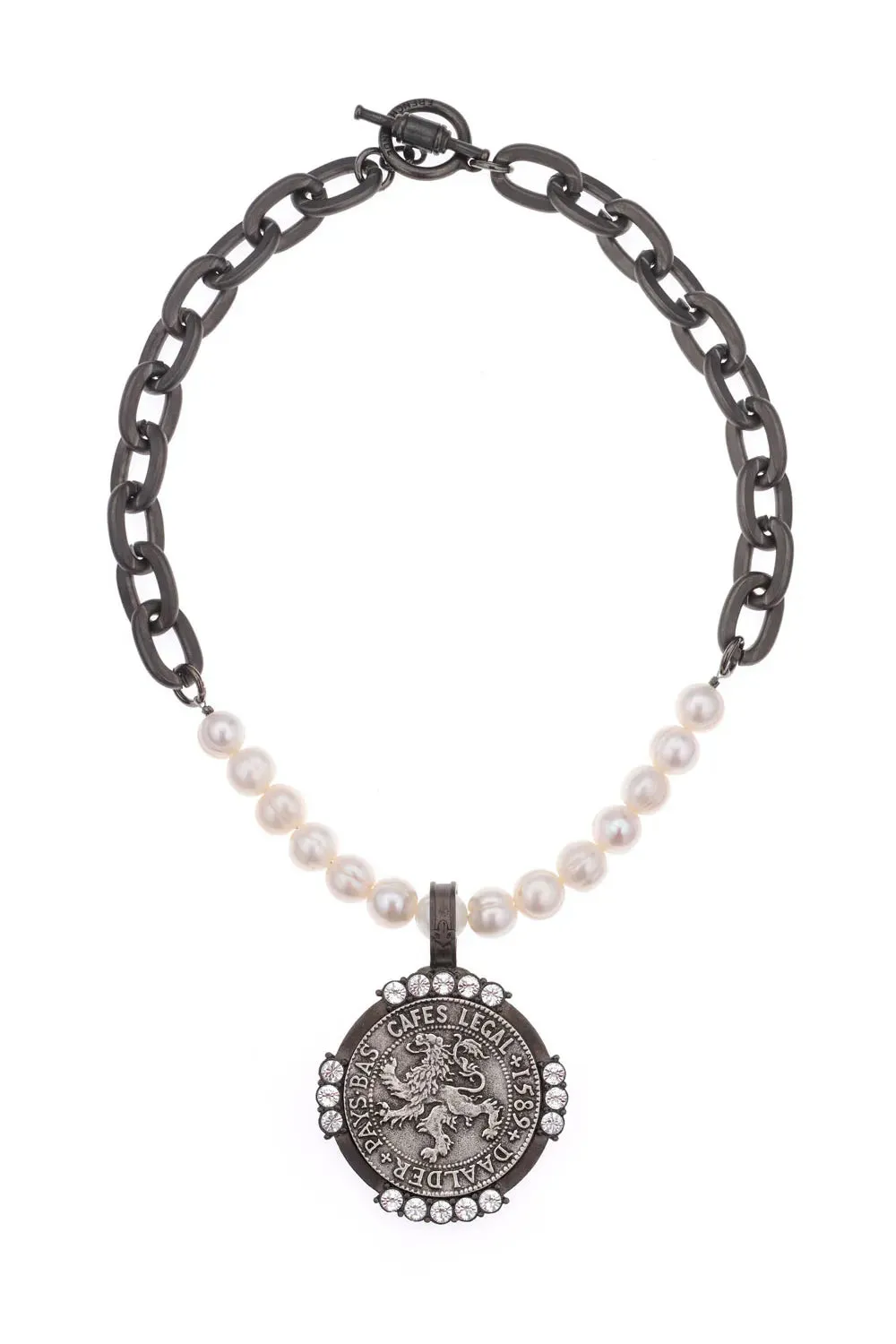 17" Pearl and Graphite Lourdes Chain with Medallion Necklace