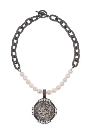 17" Pearl and Graphite Lourdes Chain with Medallion Necklace