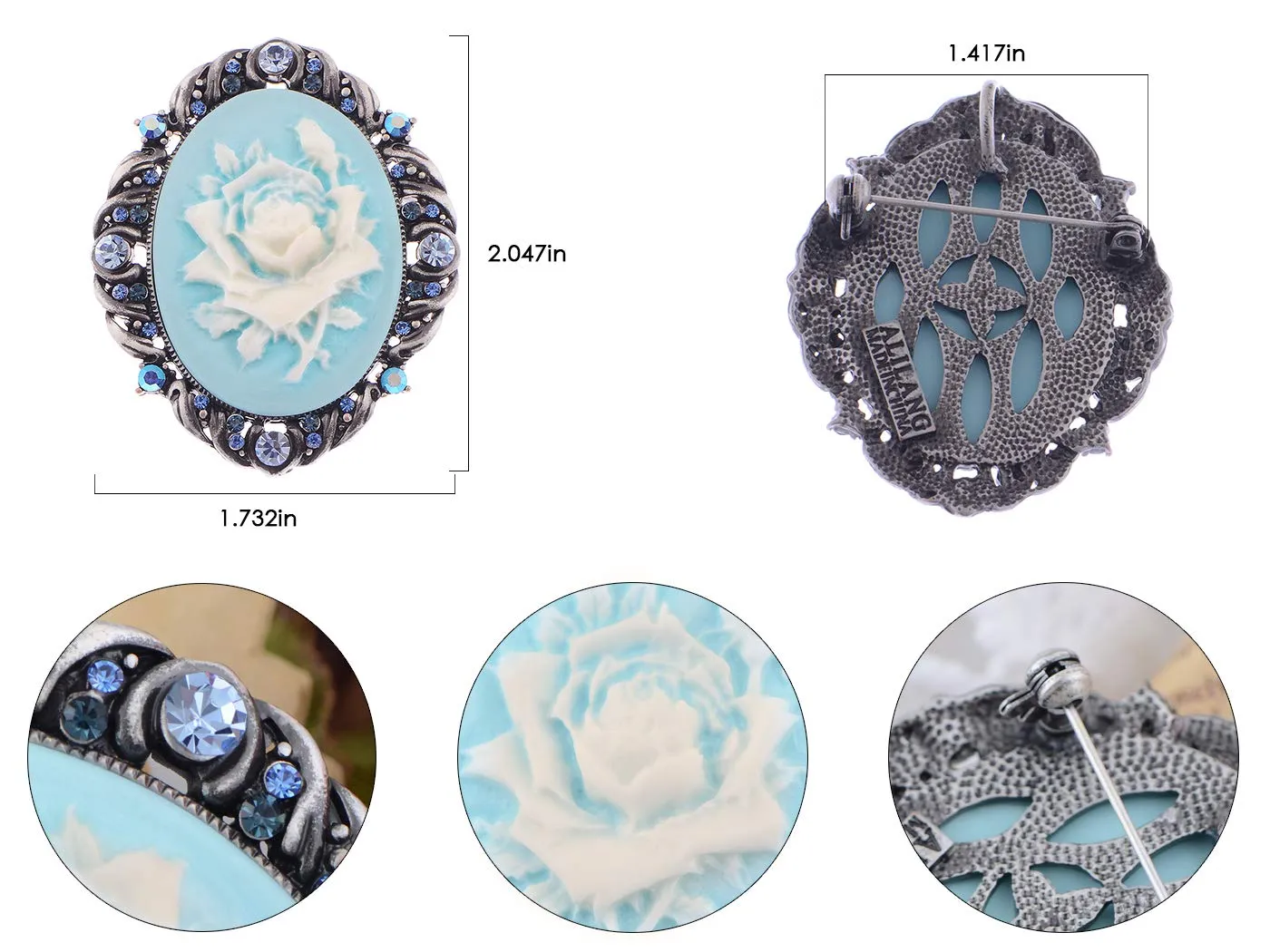 Alilang Vintage Inspired Antique Reproduct Rose Pink Crystal Flower Cameo Pin Brooch Blue