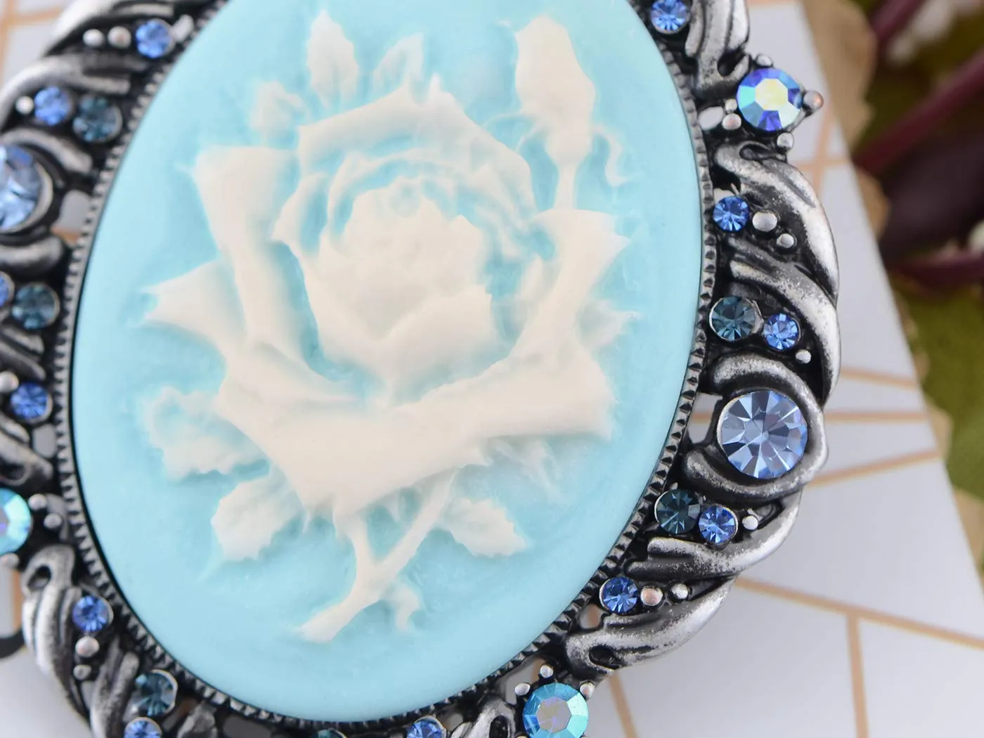 Alilang Vintage Inspired Antique Reproduct Rose Pink Crystal Flower Cameo Pin Brooch Blue