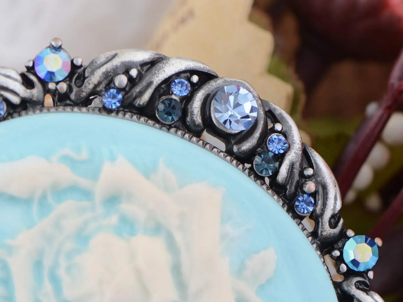 Alilang Vintage Inspired Antique Reproduct Rose Pink Crystal Flower Cameo Pin Brooch Blue