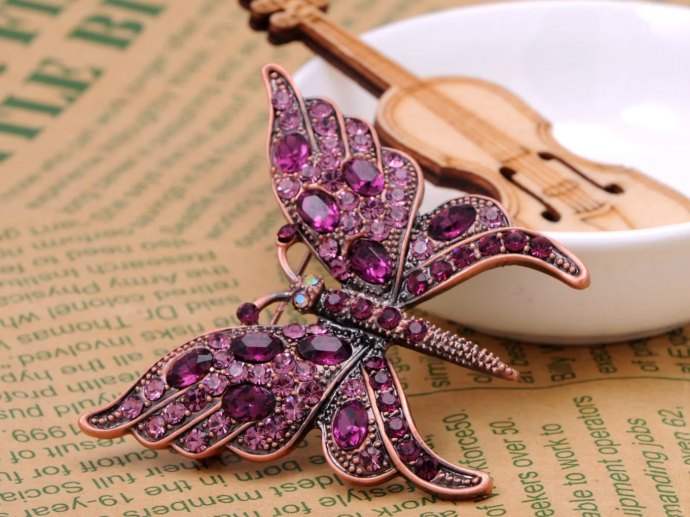 Alilang Womens Gunmetal Tone Purple Gem Rhinestones Antique Butterfly Brooch Pin