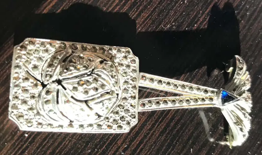 Antique 1940s Silver Articulated Sapphire and Marcasite Brooch