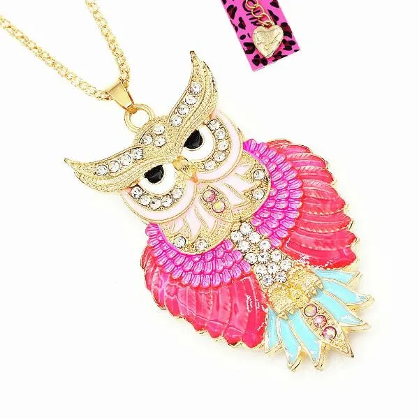 Betsey Johnson Owl Pink Enamel Crystal Eyes Gold Necklace