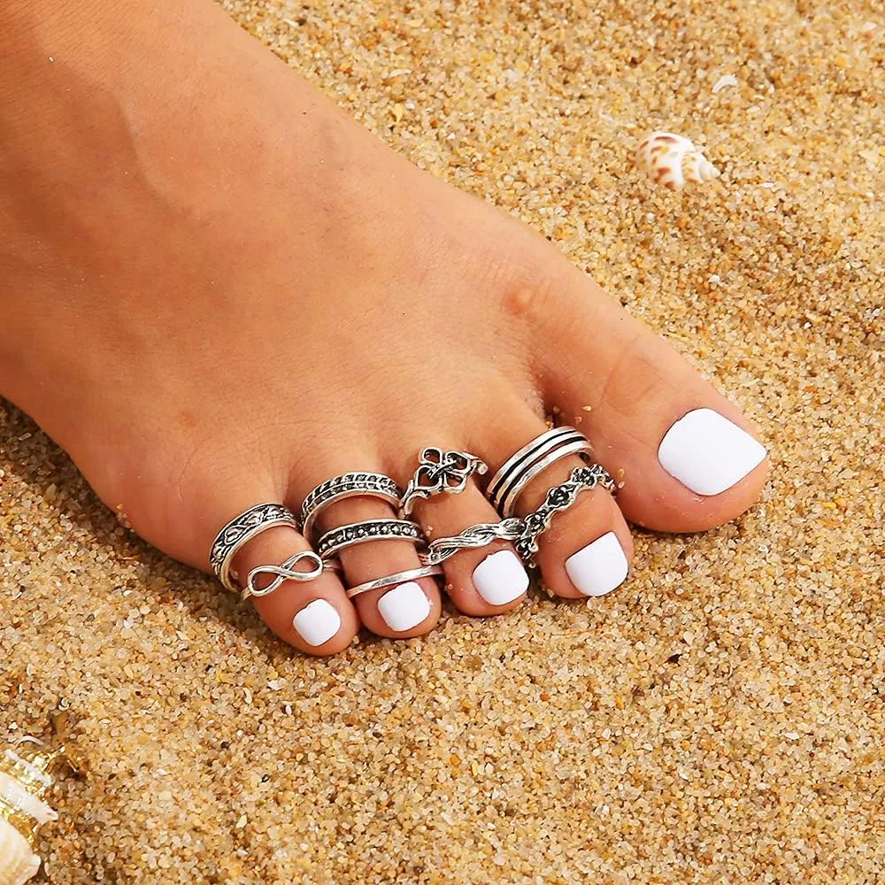 Boho Toe Rings Set for Women - Rhinestone Turquoise Vintage Band Punk Summer Beach Open Rings - Adjustable Foot Jewelry