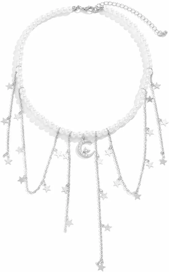 Crystal Moon Star Tassel Necklaces.Imitation Pearl Chain Choker Necklaces Fashion Jewelry Accessories for Women Gifts