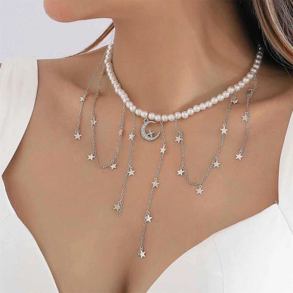 Crystal Moon Star Tassel Necklaces.Imitation Pearl Chain Choker Necklaces Fashion Jewelry Accessories for Women Gifts