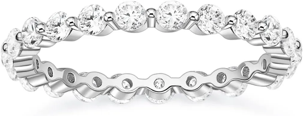 EAMTI 2mm 925 Sterling Silver Wedding Band Cubic Zirconia Full Eternity Stackable Engagement Ring Size 3-13