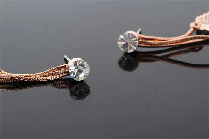 Filigree Tripe Leaves - Crystal Leaf Drop Dangle Long Earrings