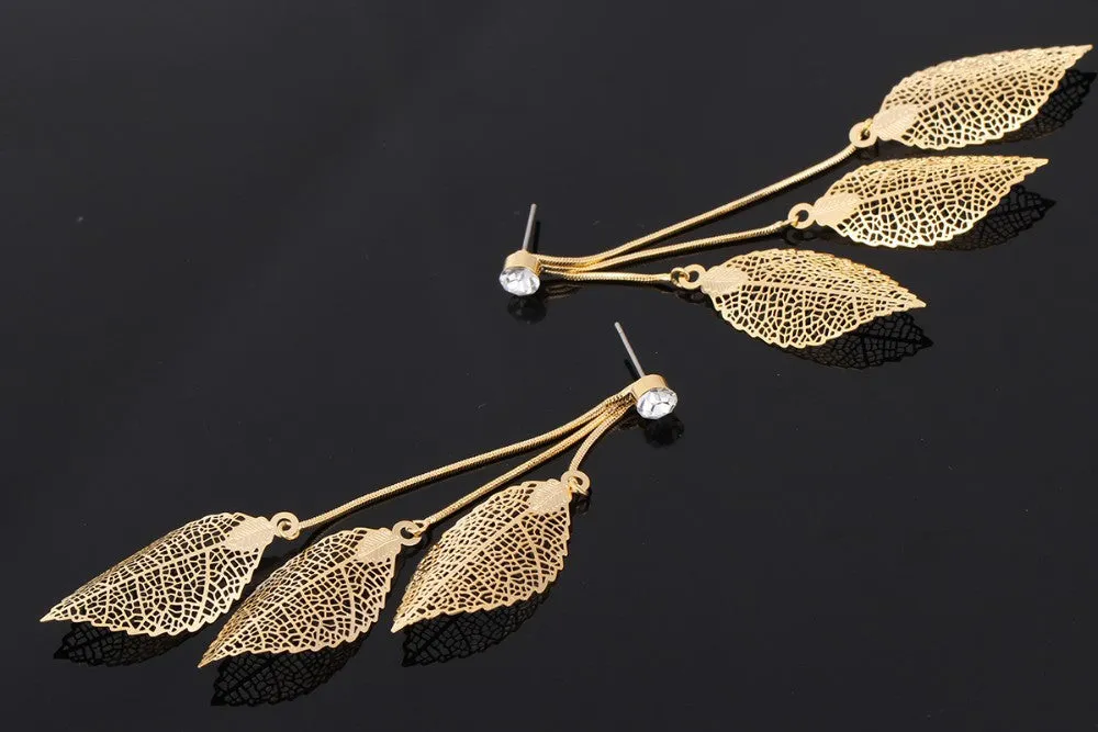 Filigree Tripe Leaves - Crystal Leaf Drop Dangle Long Earrings