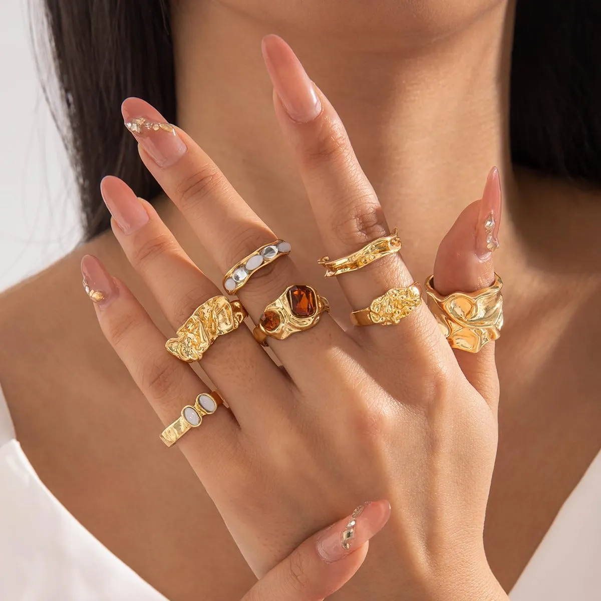 Gold Rings for Women Non Tarnish Chunky Gemstone Ring Adjustable Stackable Statement Ring Silver Rings for Women Trendy Chunky Gold Jewelry