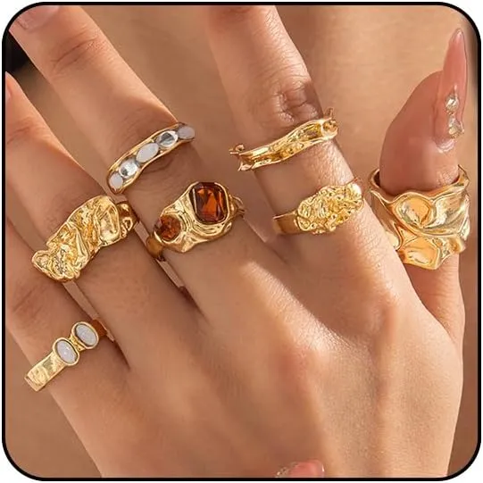 Gold Rings for Women Non Tarnish Chunky Gemstone Ring Adjustable Stackable Statement Ring Silver Rings for Women Trendy Chunky Gold Jewelry