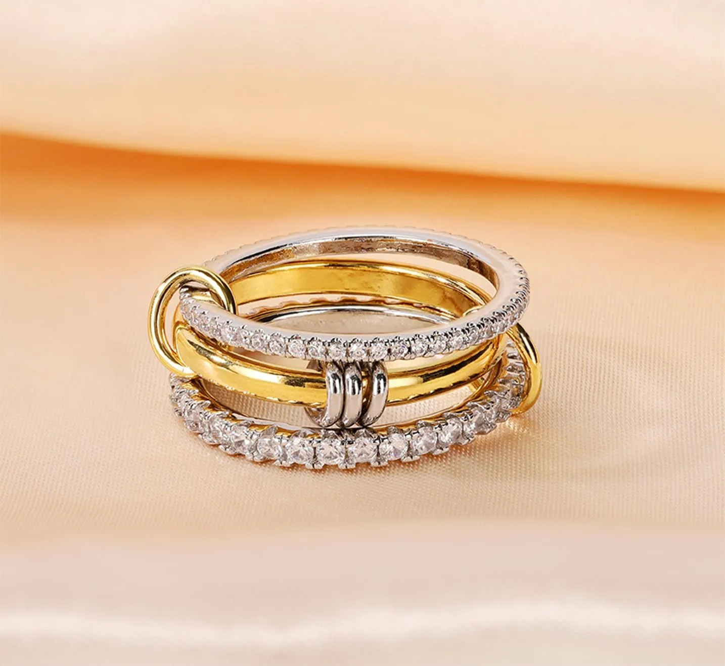 Gold Stackable Rings for Women Non Tarnish, Silver and Gold Rings Set, Dainty 18k Gold Plated CZ Cubic Zirconia Rings, Multi-Link Connected Rings
