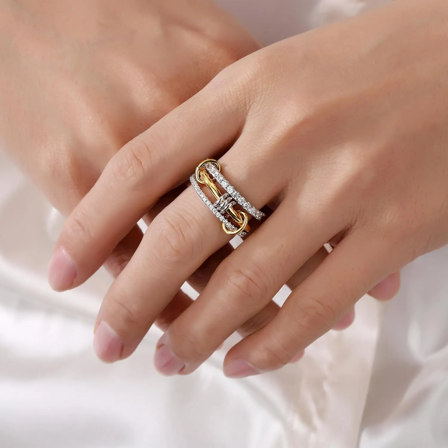 Gold Stackable Rings for Women Non Tarnish, Silver and Gold Rings Set, Dainty 18k Gold Plated CZ Cubic Zirconia Rings, Multi-Link Connected Rings