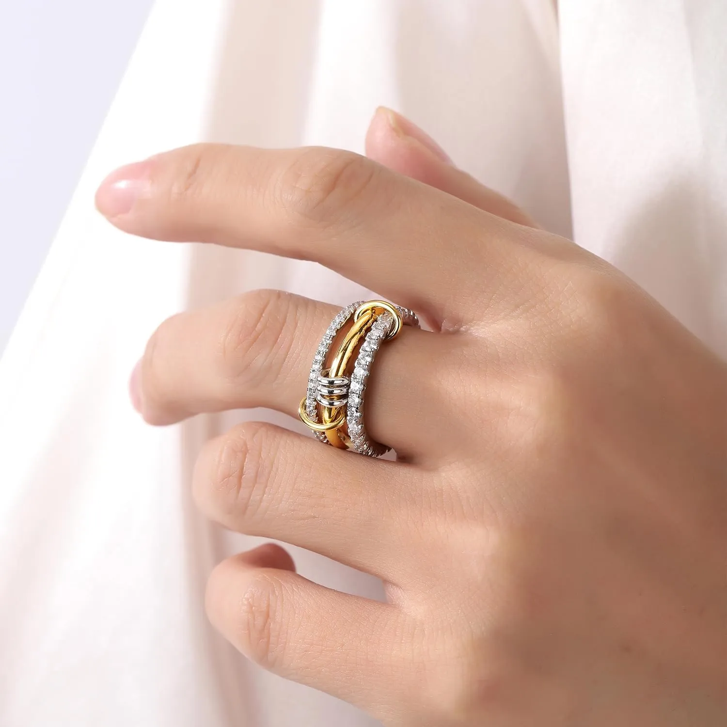 Gold Stackable Rings for Women Non Tarnish, Silver and Gold Rings Set, Dainty 18k Gold Plated CZ Cubic Zirconia Rings, Multi-Link Connected Rings