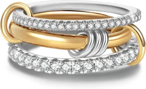 Gold Stackable Rings for Women Non Tarnish, Silver and Gold Rings Set, Dainty 18k Gold Plated CZ Cubic Zirconia Rings, Multi-Link Connected Rings