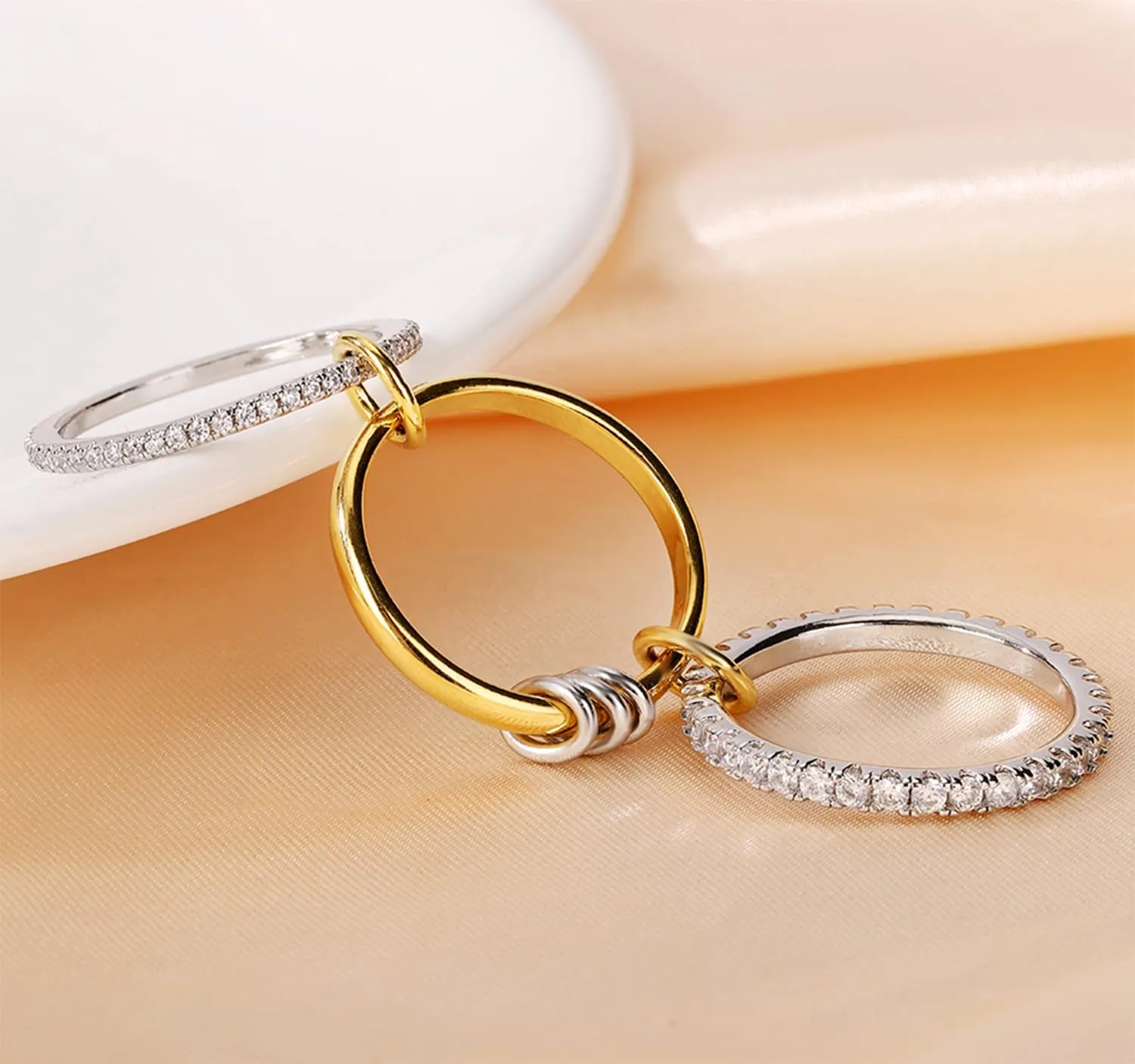 Gold Stackable Rings for Women Non Tarnish, Silver and Gold Rings Set, Dainty 18k Gold Plated CZ Cubic Zirconia Rings, Multi-Link Connected Rings