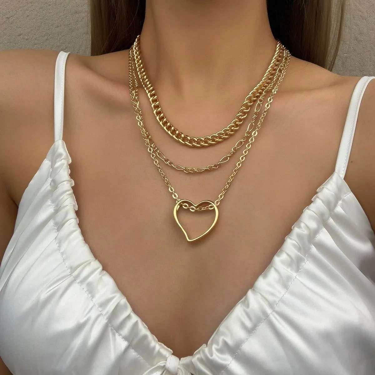 Multi-Layer Golden Color With Big Heart Pendant Necklaces Charm Jewelry LOS0348