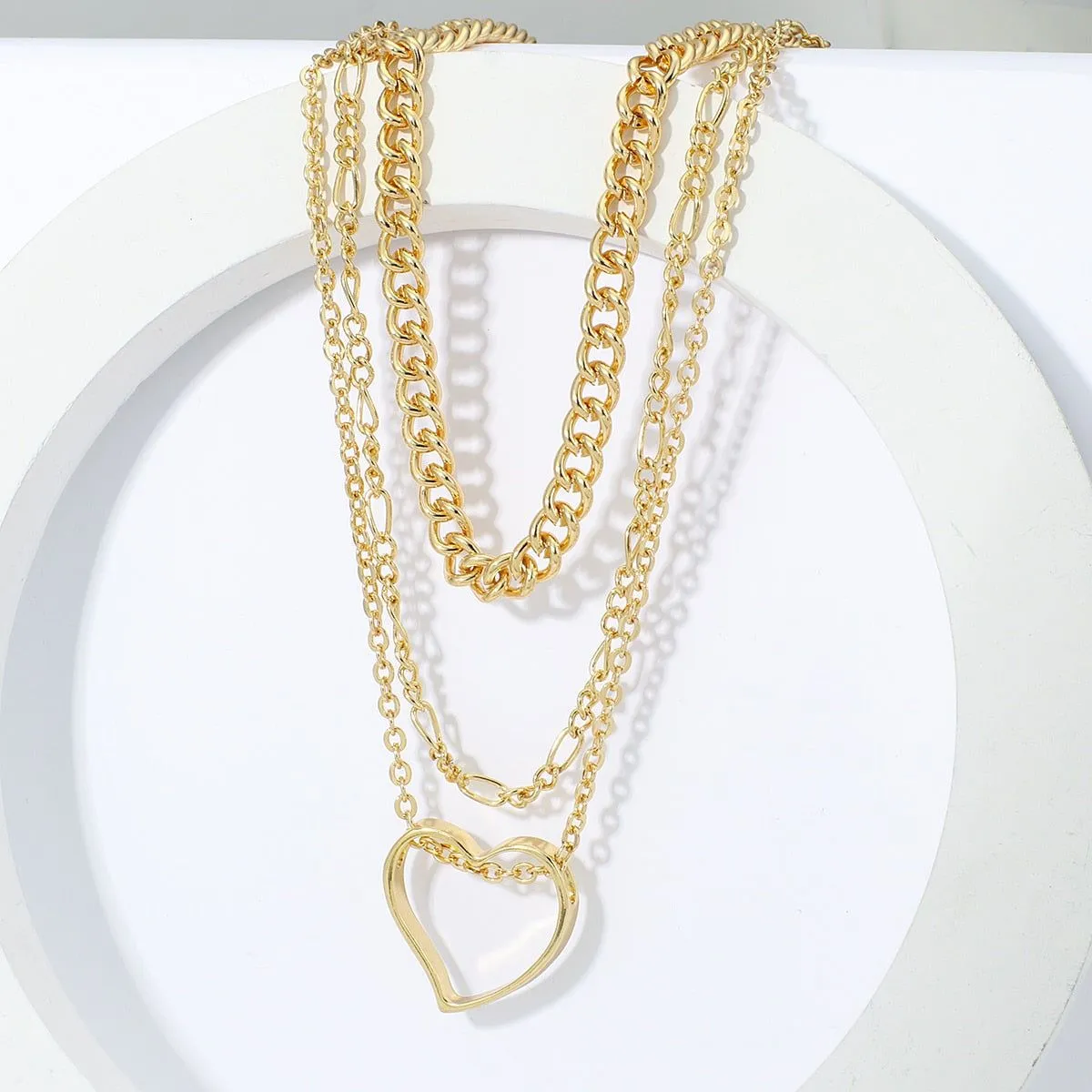 Multi-Layer Golden Color With Big Heart Pendant Necklaces Charm Jewelry LOS0348