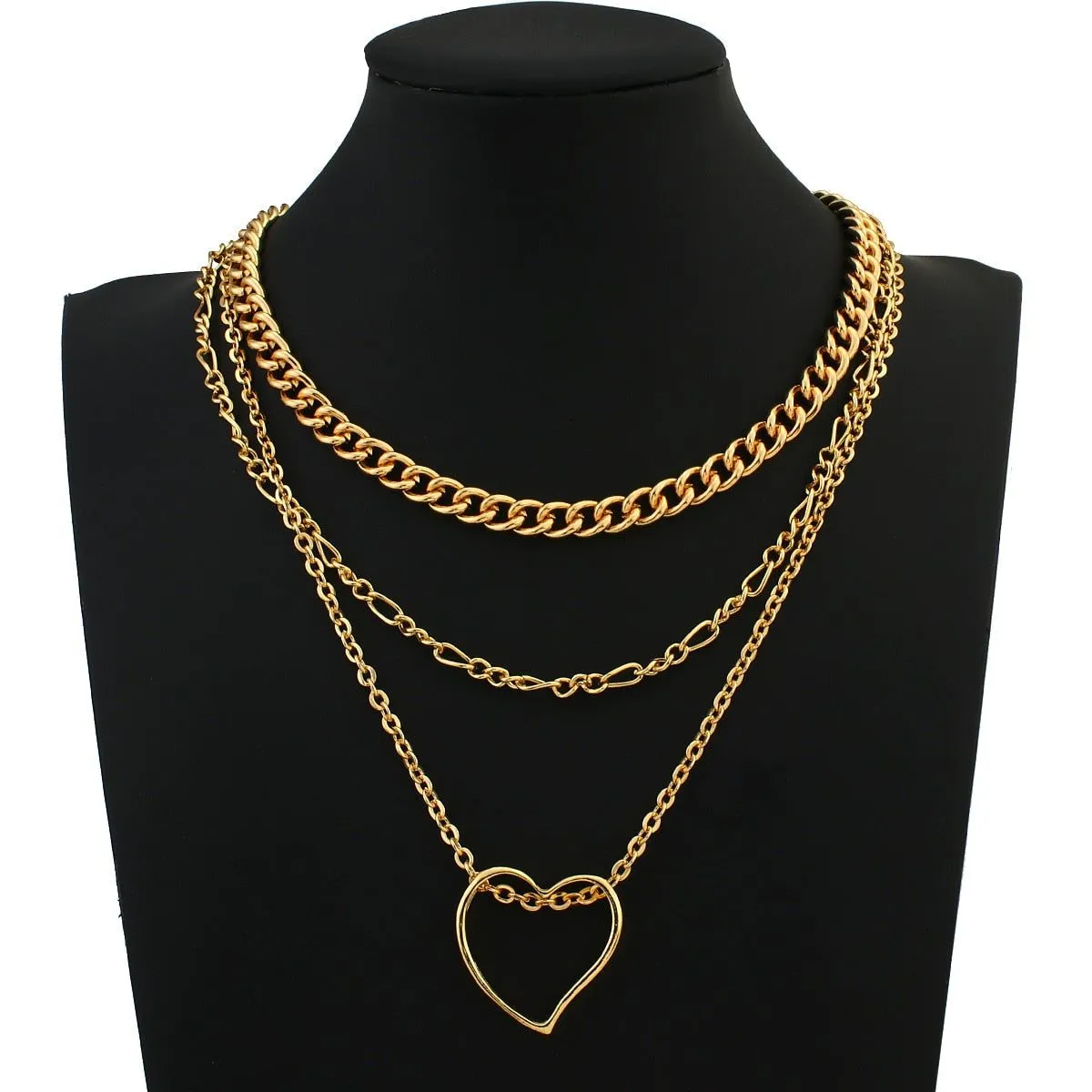 Multi-Layer Golden Color With Big Heart Pendant Necklaces Charm Jewelry LOS0348