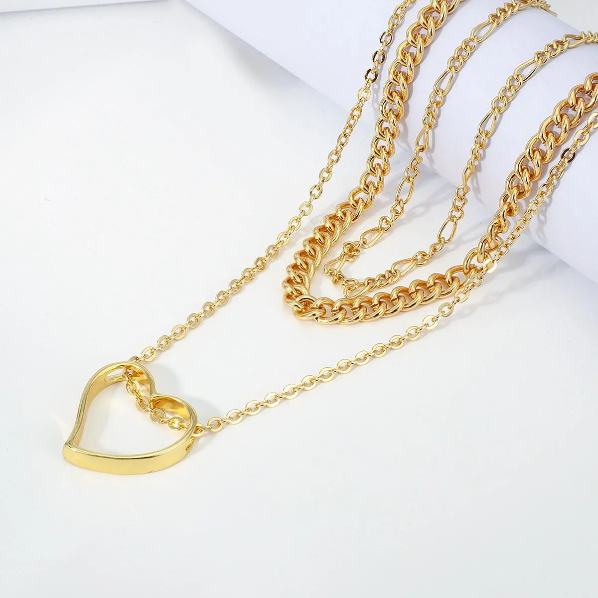 Multi-Layer Golden Color With Big Heart Pendant Necklaces Charm Jewelry LOS0348