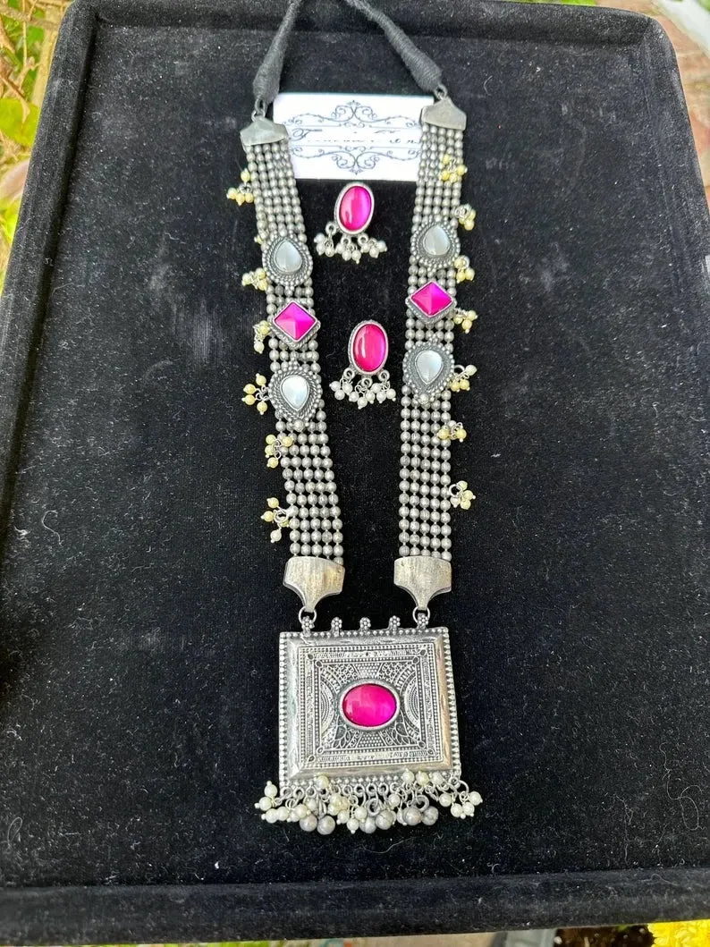 Oxidized black metal long kundan necklace set/dual tone gun metal finish long mala set