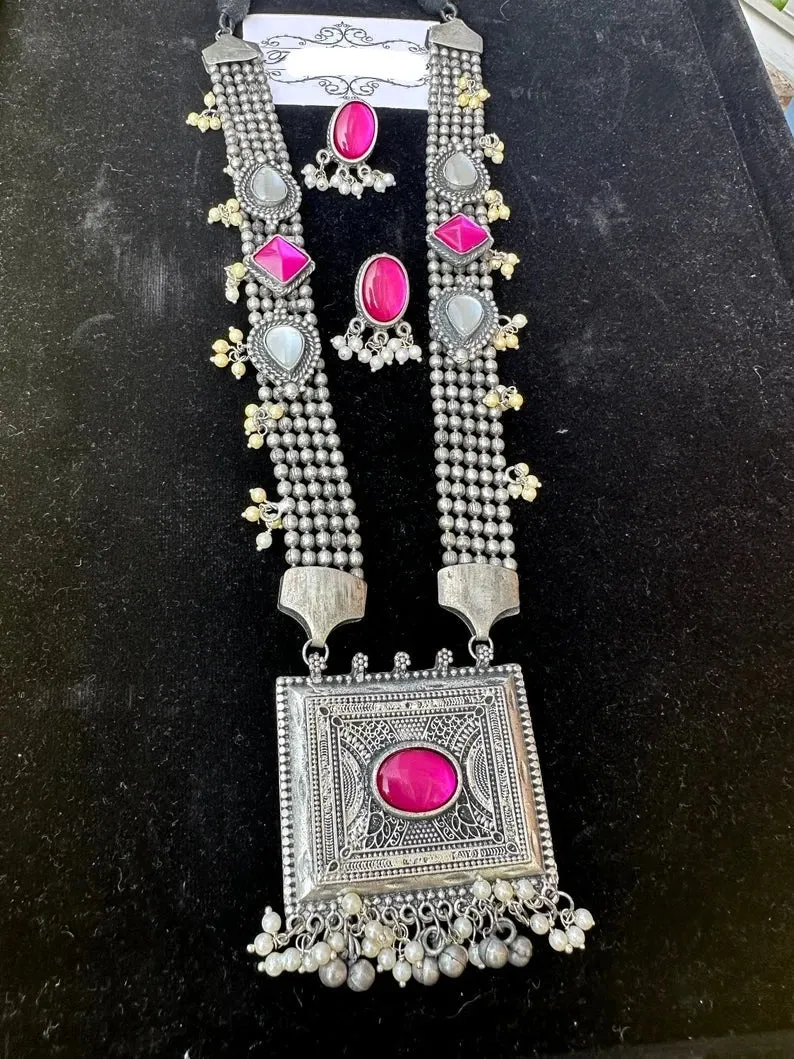 Oxidized black metal long kundan necklace set/dual tone gun metal finish long mala set