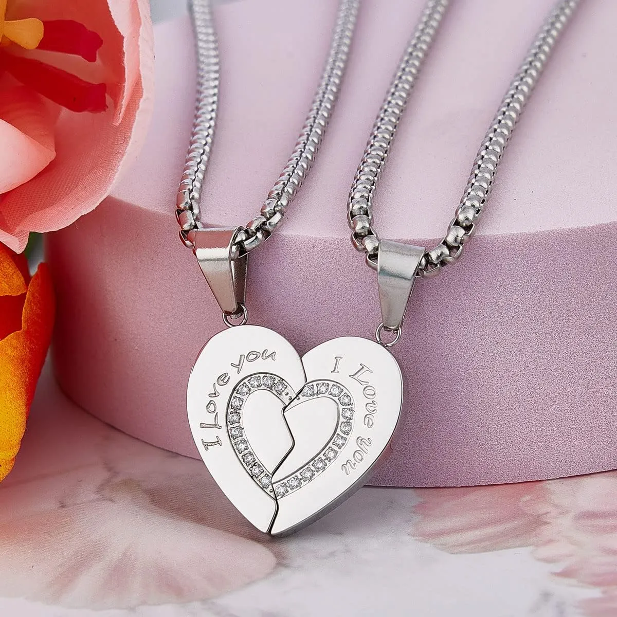 Wolentty Couple Matching Necklaces Broken Heart Pendants Inlaid Zirconic Stone Jewelry Gift for Valentine