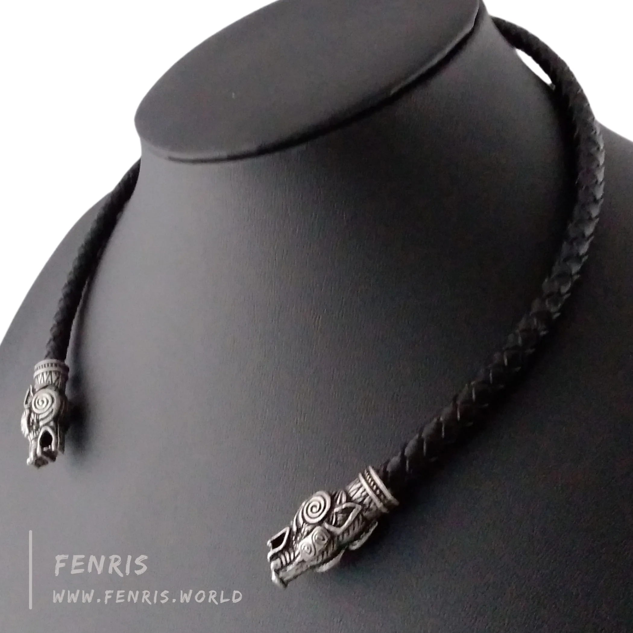 Wolf Torc Necklace Silver Black Leather Norse Viking Style